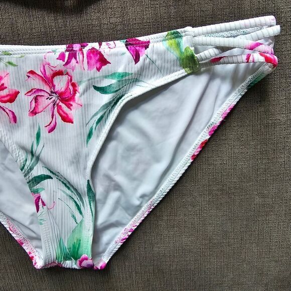 TiniBikini White & Pink Tropical Ruffle Off-Shoulder Ribbed Bikini Top & Bottoms - Picture 14 of 16